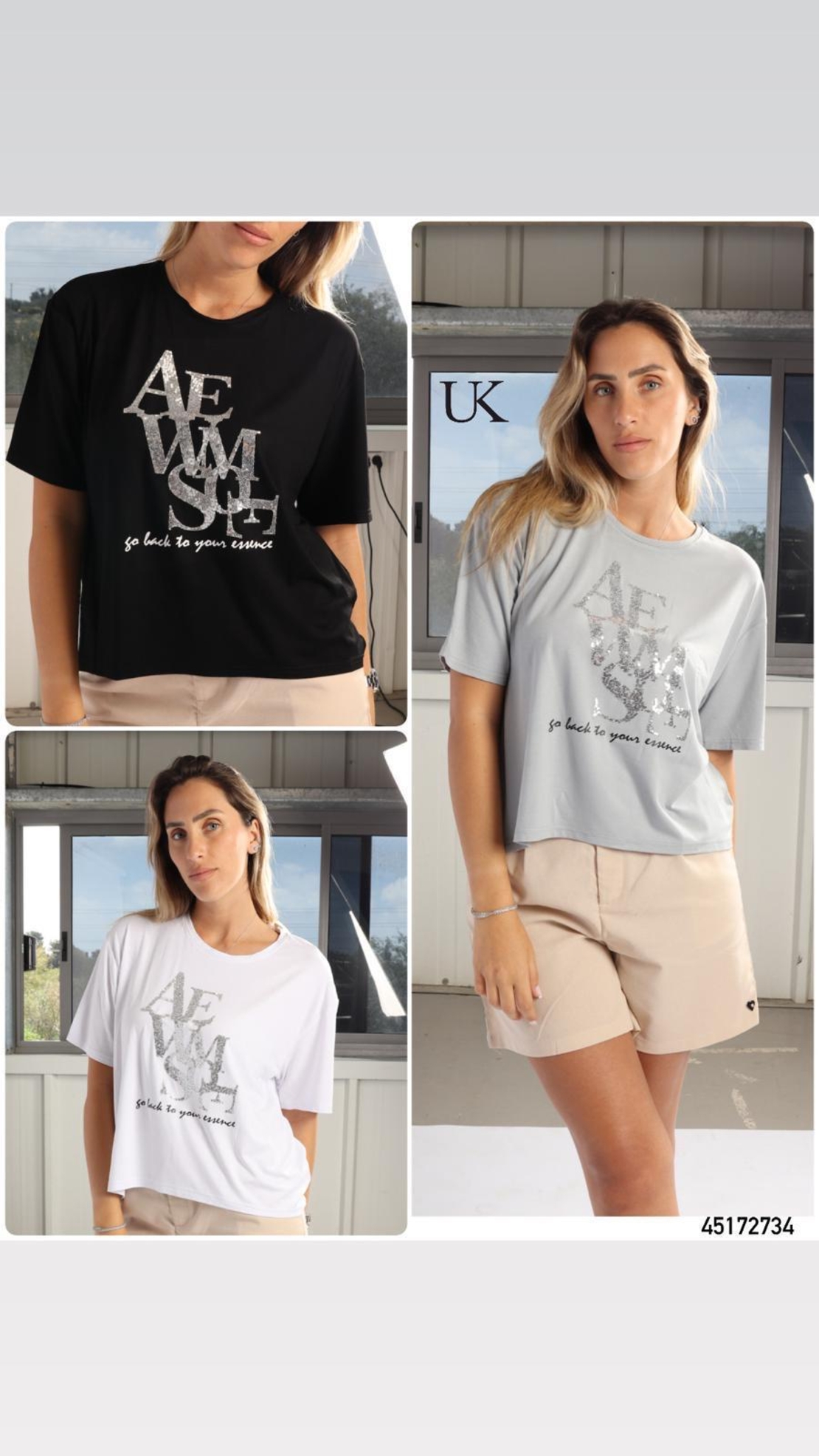 חולצה ויסקוזה שרוול קצר מדוגמת 2-6 נשים (אפור/שחור/לבן)