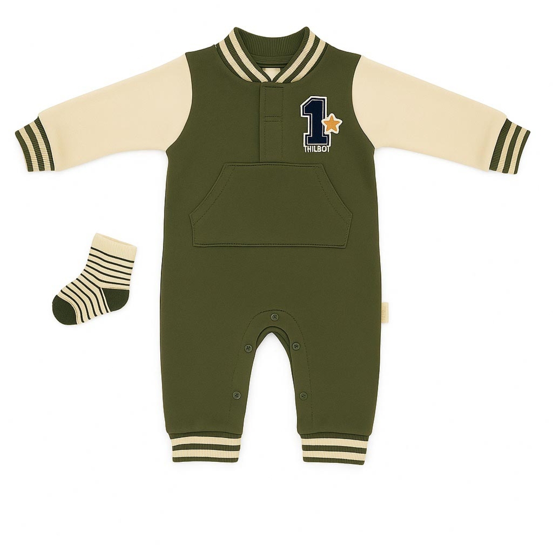 סט 2 חלקים אוברול וגרביים 0-9M תינוקות בנים (ירוק זית)