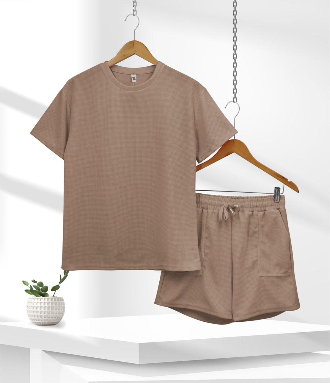 חליפה בד וופל חלקה S-XXL נשים (חום)