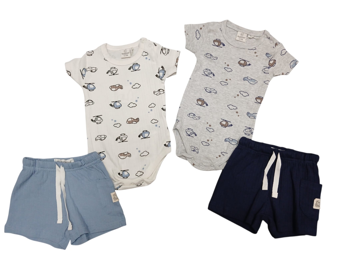 חליפה קיץ בגד גוף בד ריב 3-24M תינוקות בנים (אפור/לבן/ירוק/אופוויט)