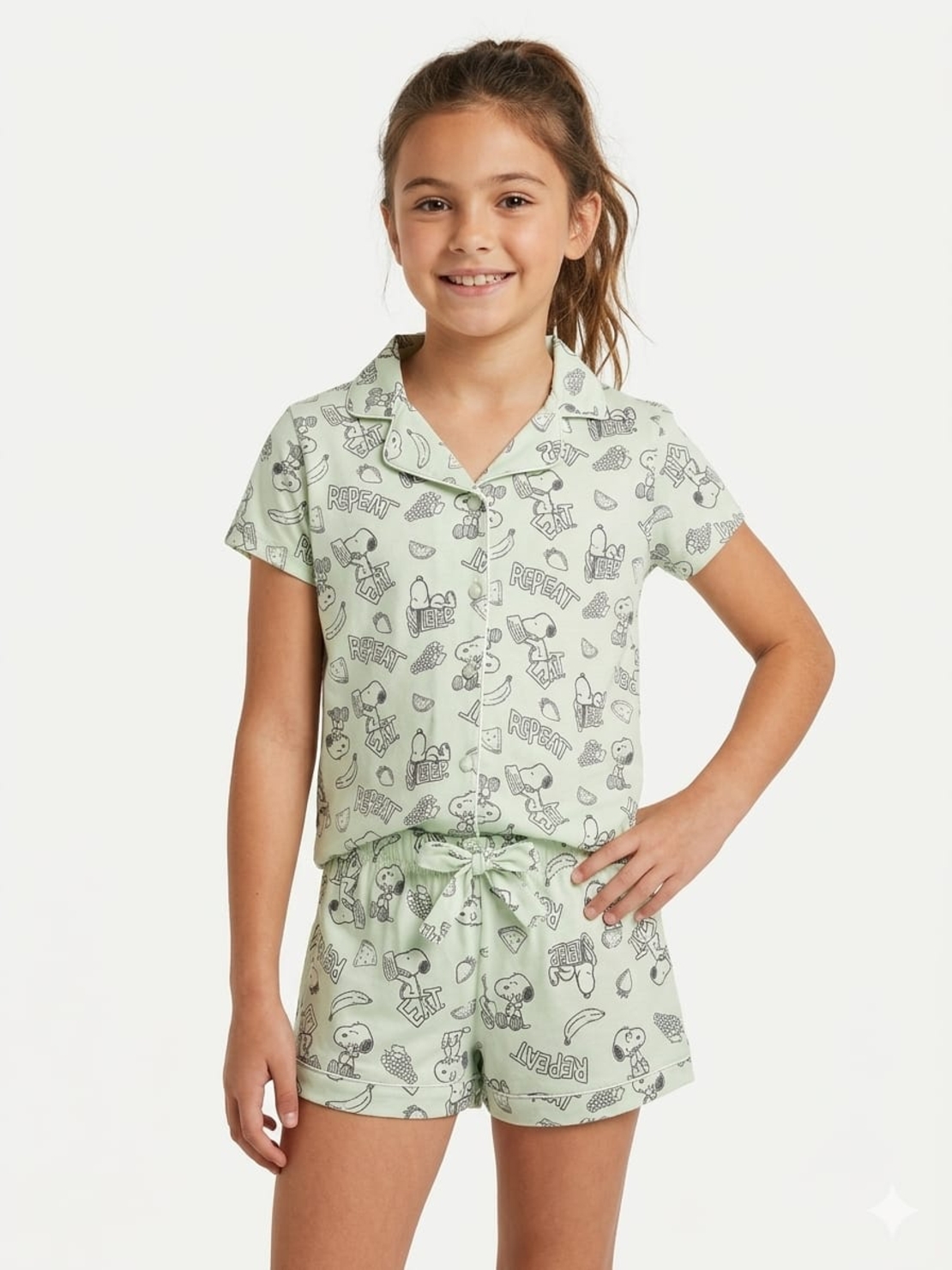 פיג'מה קיץ מכופתרת 2-12 בנות סנופי (אפור/ירוק)
