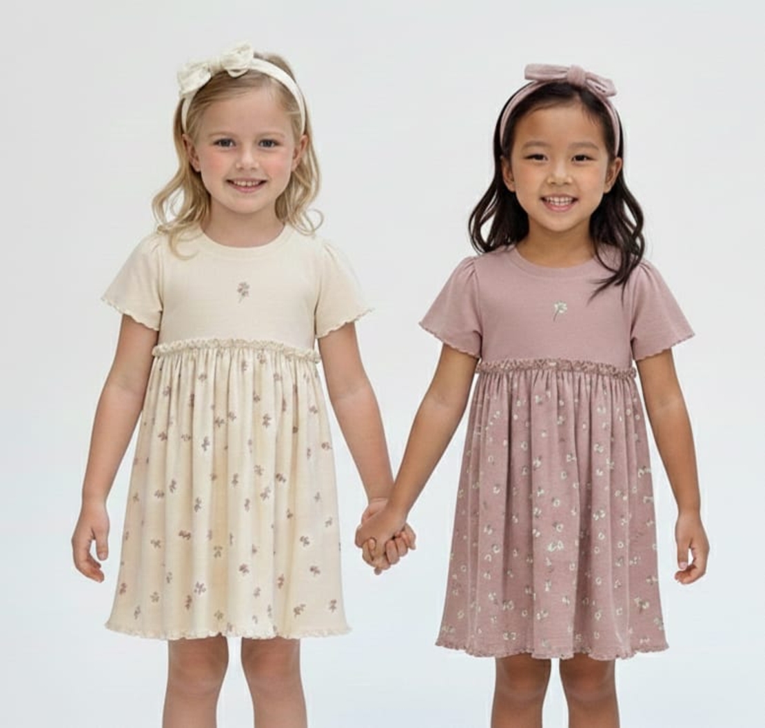 שמלה קיץ מדוגמת בד ריב 2-10 בנות (חום/ורוד עתיק/שמנת)