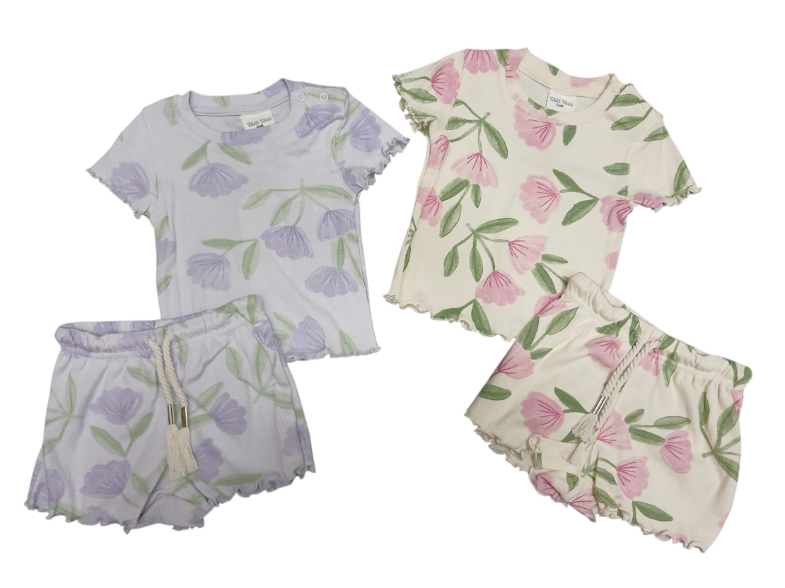 חליפה קיץ מדוגמת בד ריב 12-24M תינוקות בנות (סגול/ורוד)