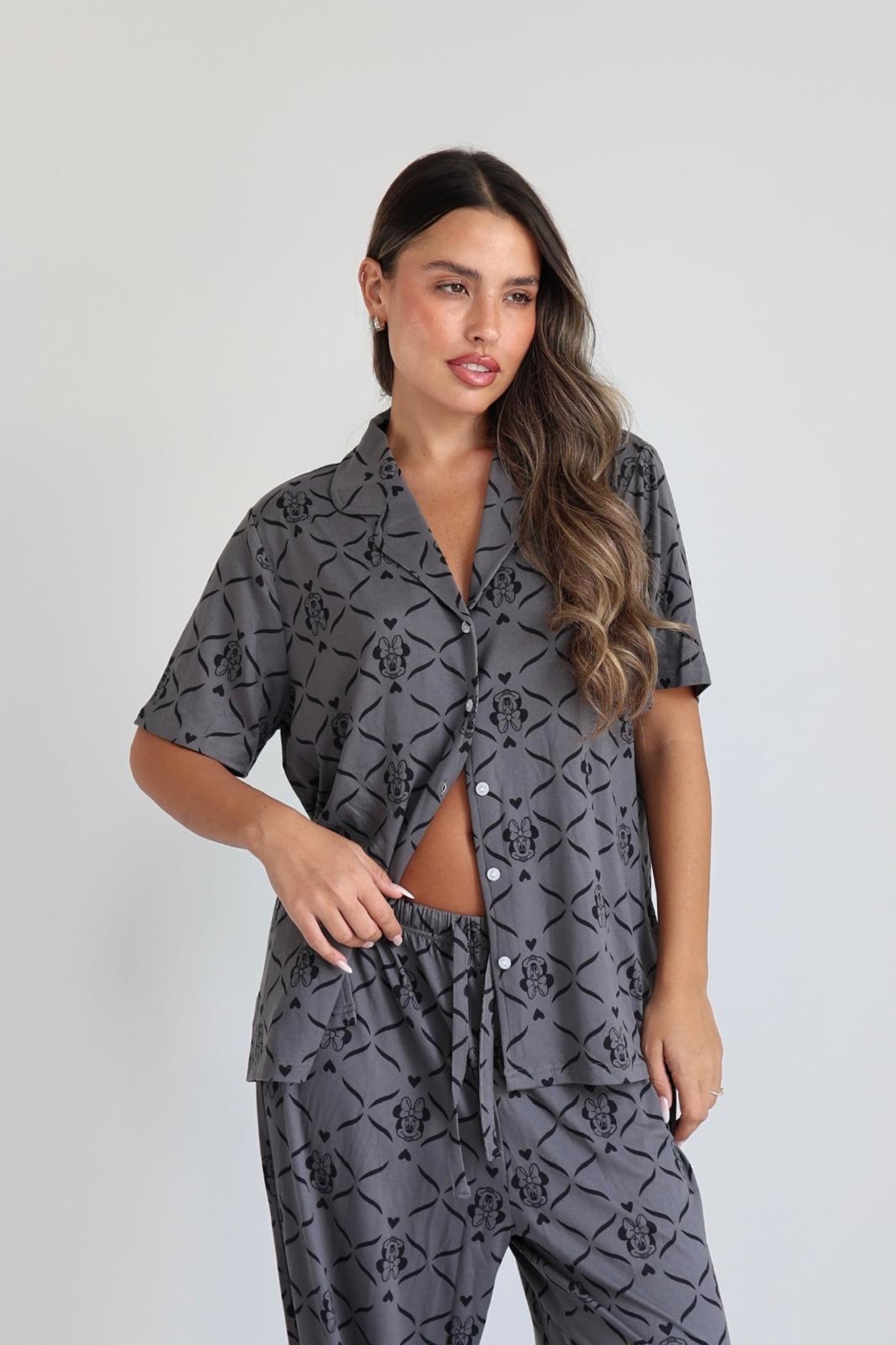 פיג'מה מעבר מכופתרת שרוול קצר DELTA נשים S-XL מיני מאוס אפור