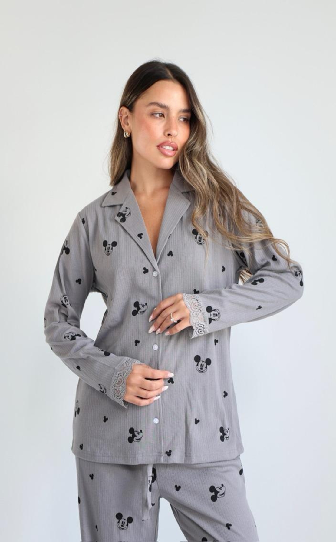 פיג'מה מעבר מכופתרת ריב DELTA נשים S-XL מיקי מאוס אפור