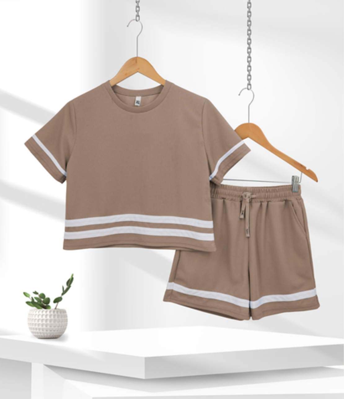 חליפה בד וופל מדוגמת S-XXL נשים (חום)