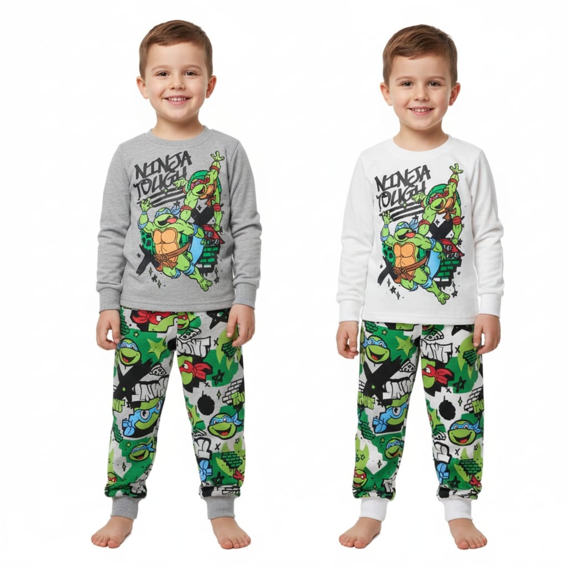 פיג'מה פוטר בנים 2-8 צבי הנינג'ה (אפור/לבן)