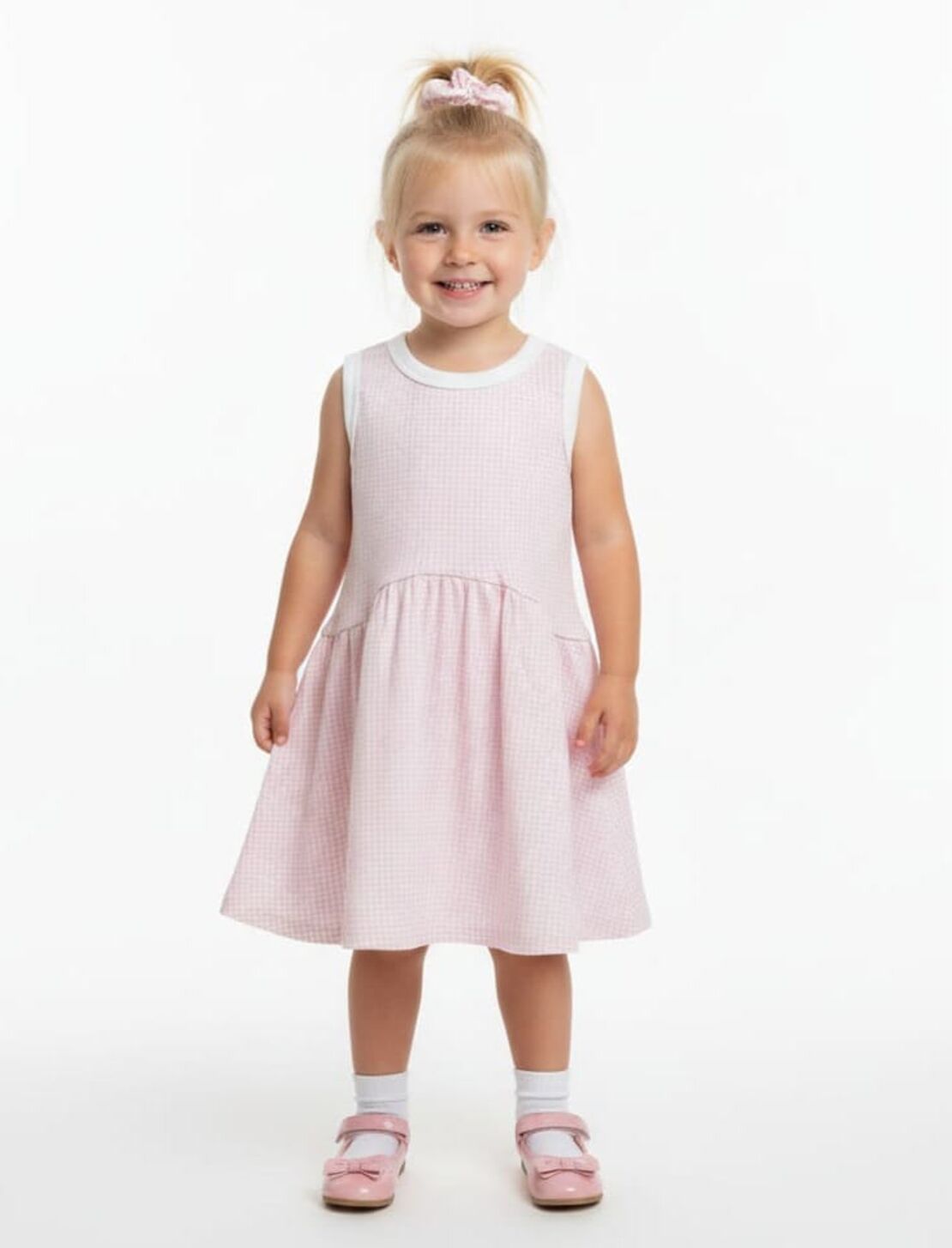 שמלה קיץ מדוגמת בד ריב 2-10 בנות (ורוד)