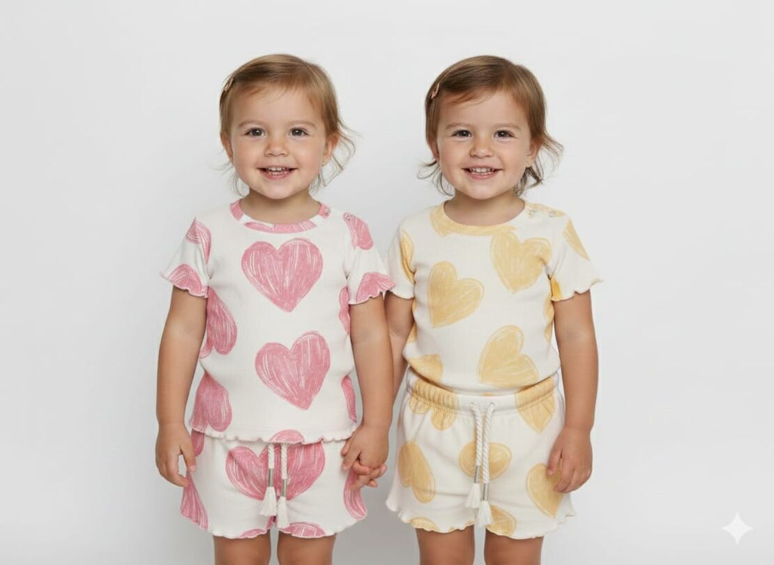 חליפה קיץ מדוגמת בד ריב 12-24M תינוקות בנות (צהוב/ורוד)