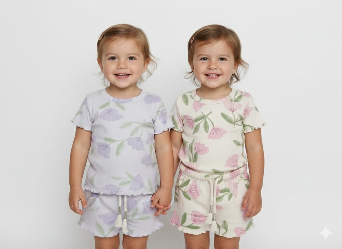 חליפה קיץ מדוגמת בד ריב 12-24M תינוקות בנות (סגול/ורוד)