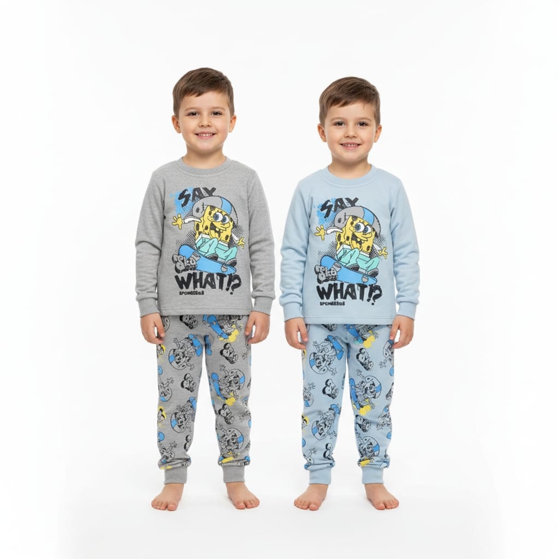 פיג'מה פוטר בנים 2-8 בובספוג (אפור/תכלת)