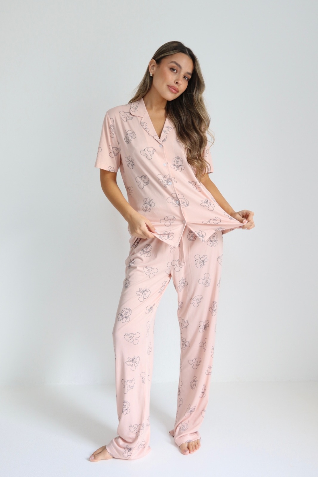 פיג'מה DELTA שרוול קצר מכנס ארוך מכופתרת S-XL נשים מיני מאוס ורוד