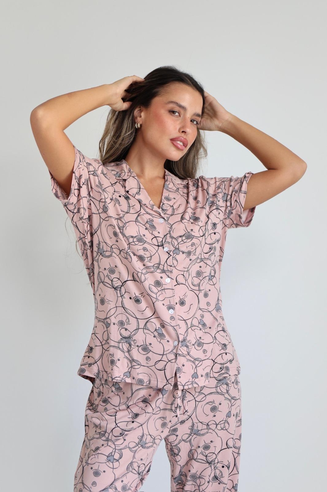 פיג'מה מעבר מכופתרת שרוול קצר DELTA נשים S-XL פו הדב ורוד
