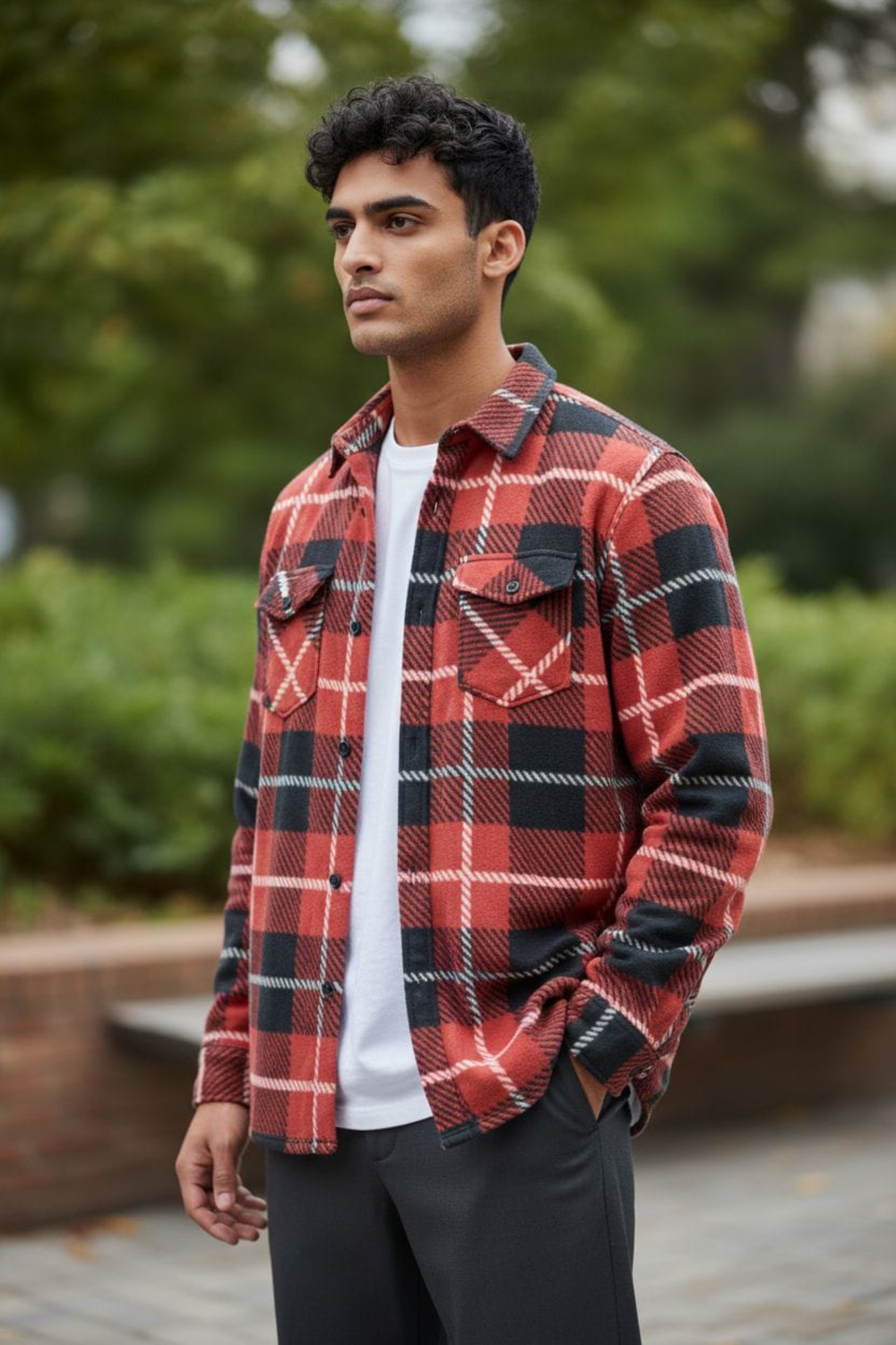 חולצה מכופתרת בד פלנל משובץ S-XXL גבר (אדום)