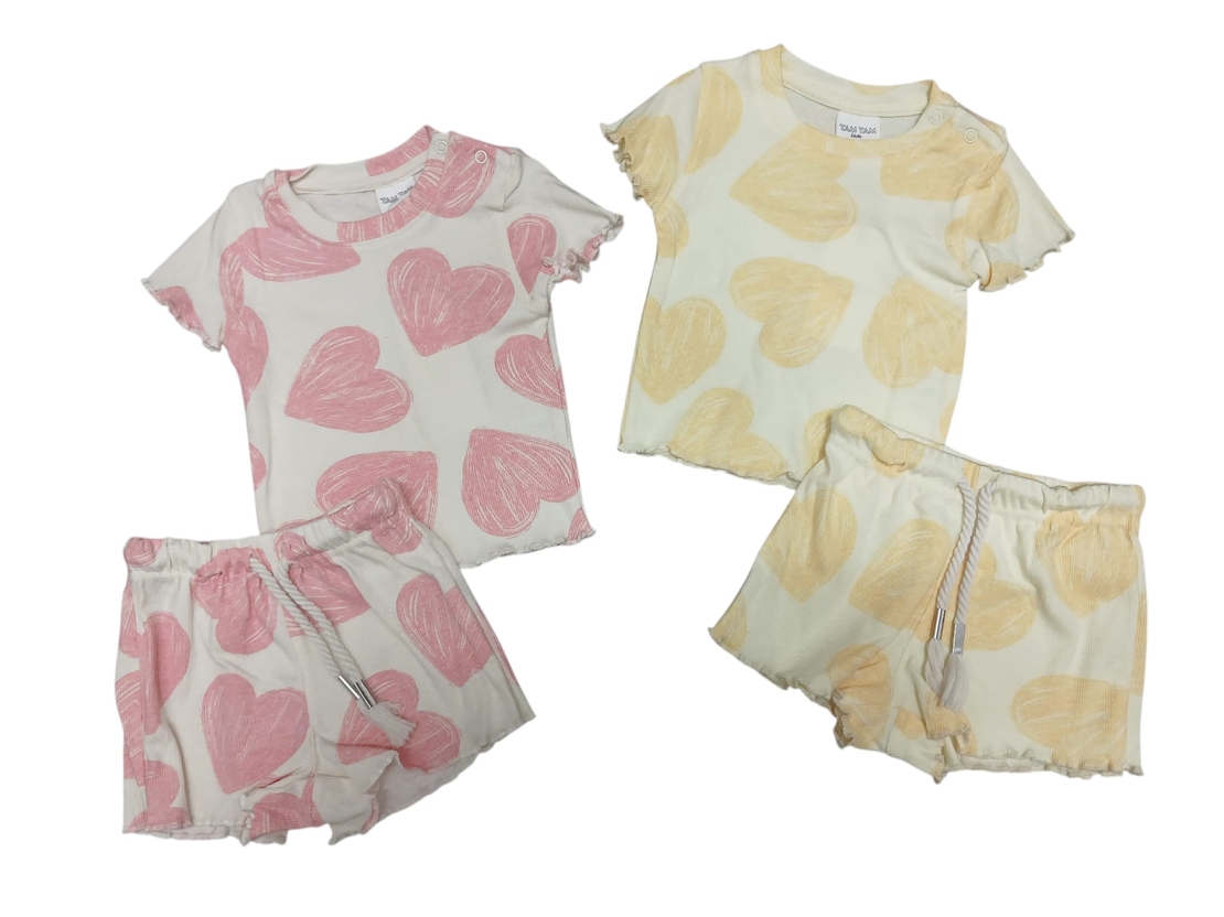 חליפה קיץ מדוגמת בד ריב 12-24M תינוקות בנות (צהוב/ורוד)