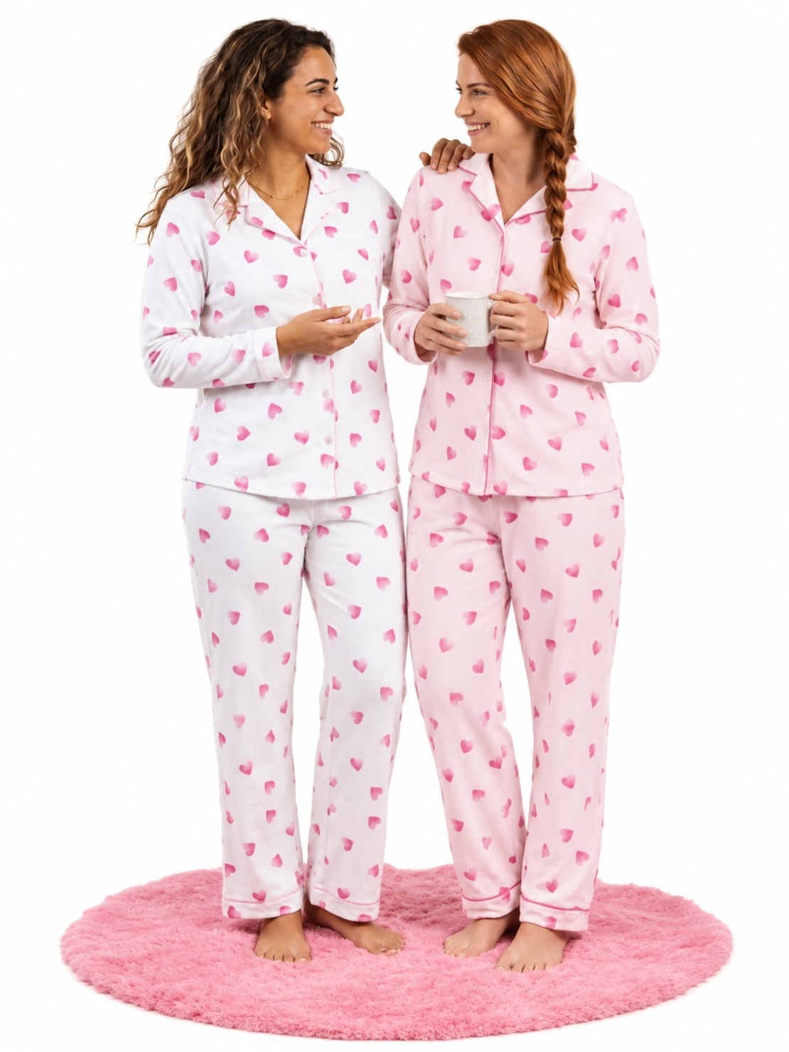 פיג'מה מעבר PINK מכופתרת S-XL נשים (ורוד/לבן)