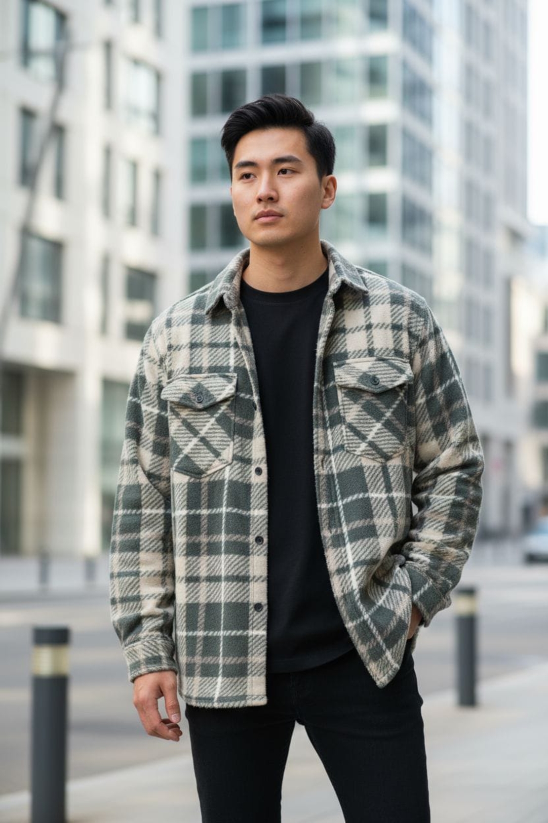 חולצה מכופתרת בד פלנל משובץ S-XXL גבר (ירוק)