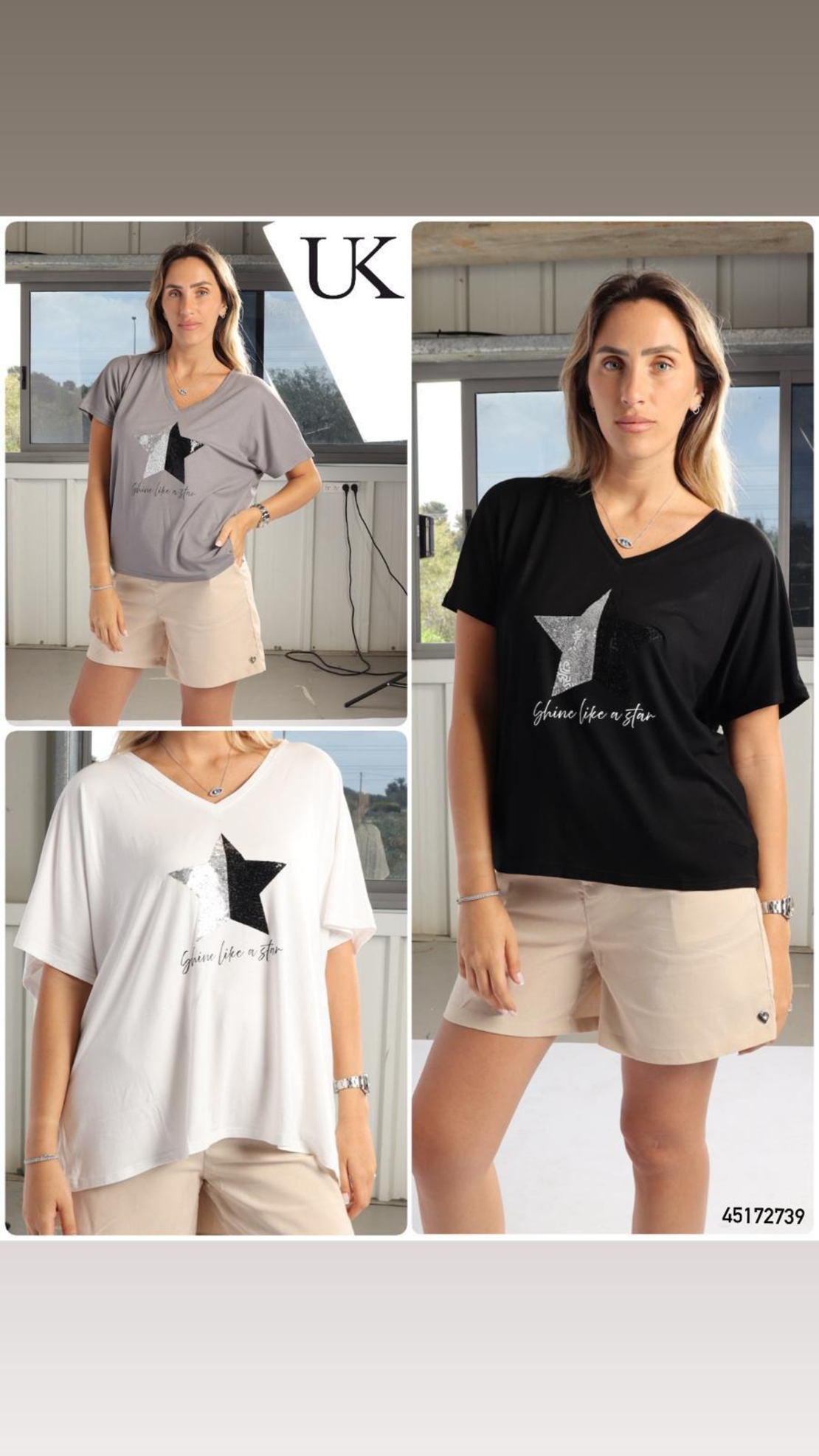 חולצה ויסקוזה שרוול קצר מדוגמת 2-6 נשים (אפור/שחור/לבן)