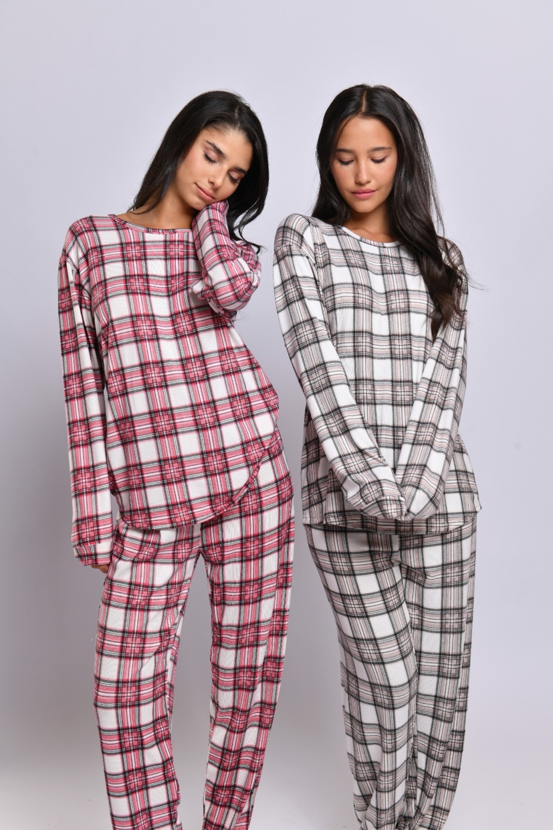פיג'מה בד סריג משובץ LAMBADA נשים S-XXL (חום/ורוד/כחול)