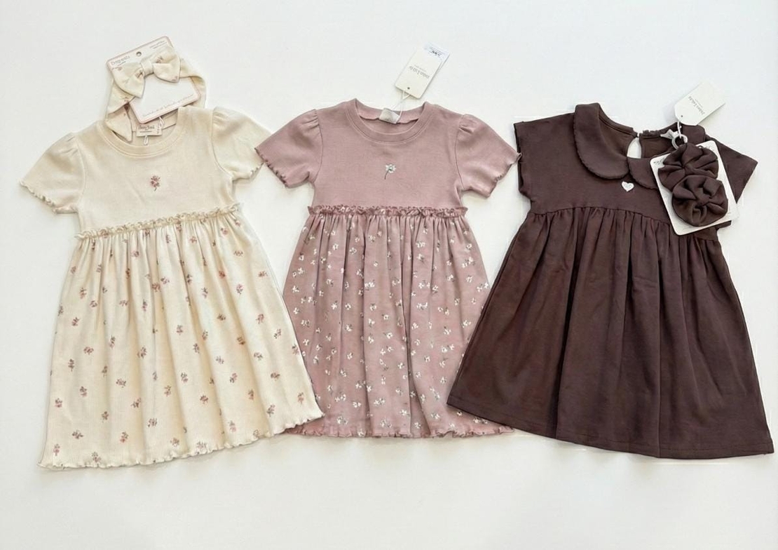 שמלה קיץ מדוגמת בד ריב 2-10 בנות (חום/ורוד עתיק/שמנת)