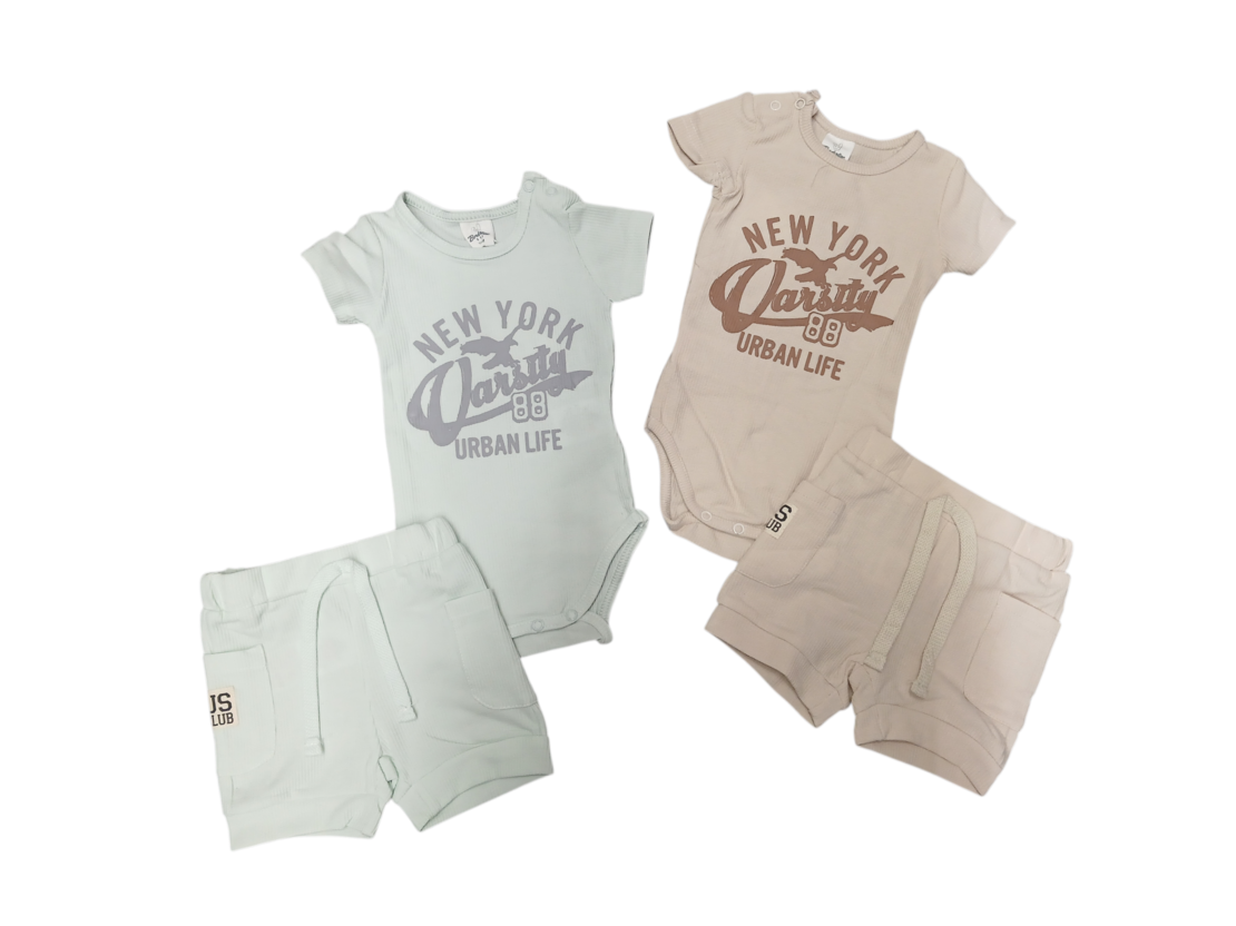 חליפה קיץ בגד גוף בד וופל 3-24M (אופוויט/מנטה/שמנת/אפור)