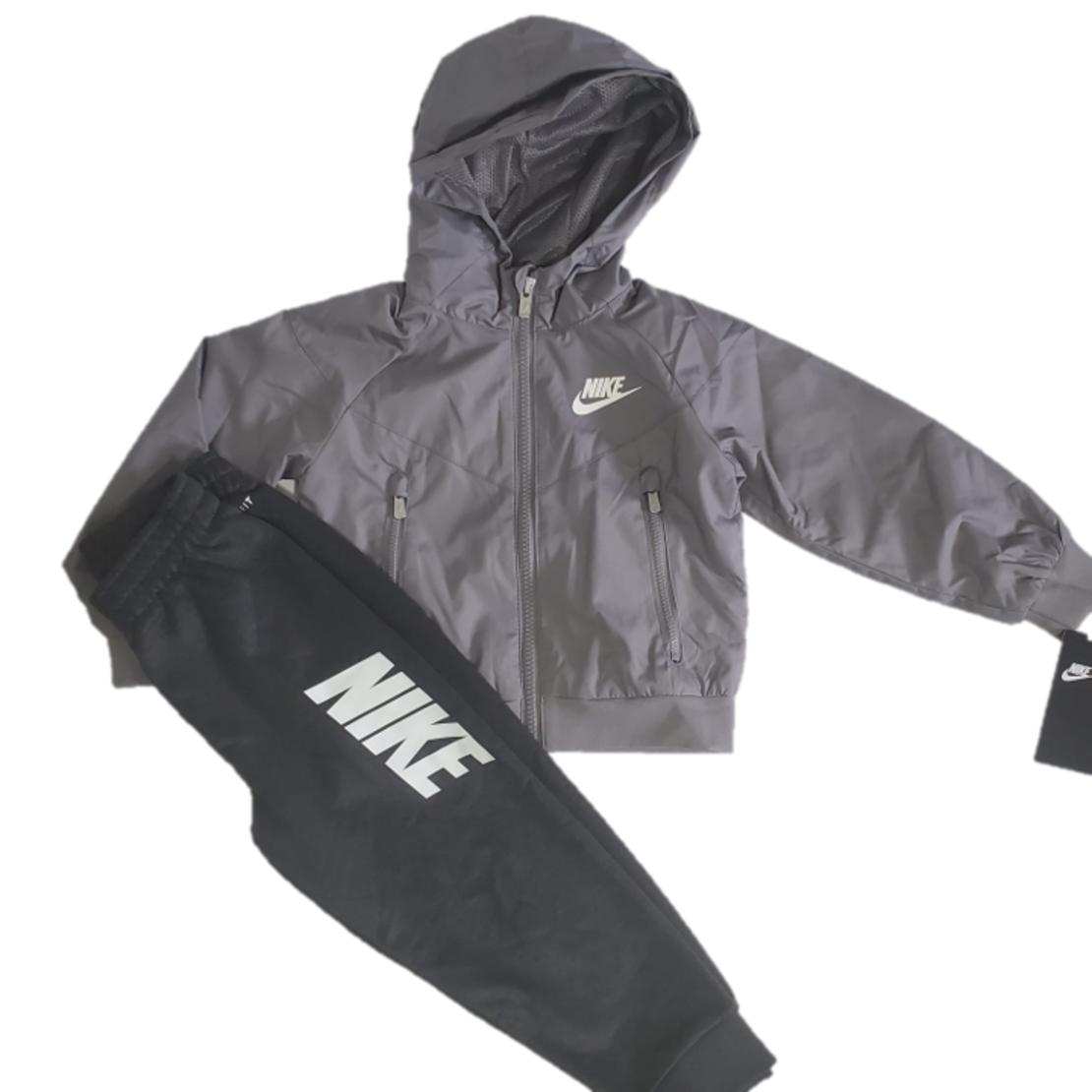 מעיל רוח קפוצ'ון NIKE אפור כיסים בצדדים לוגו בחזה בלבן