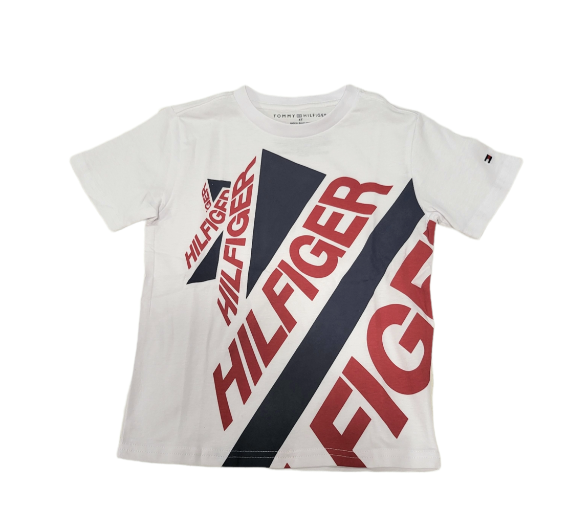 חולצת Tommy hilfiger לבנה כיתוב באדום כחול אלכסון