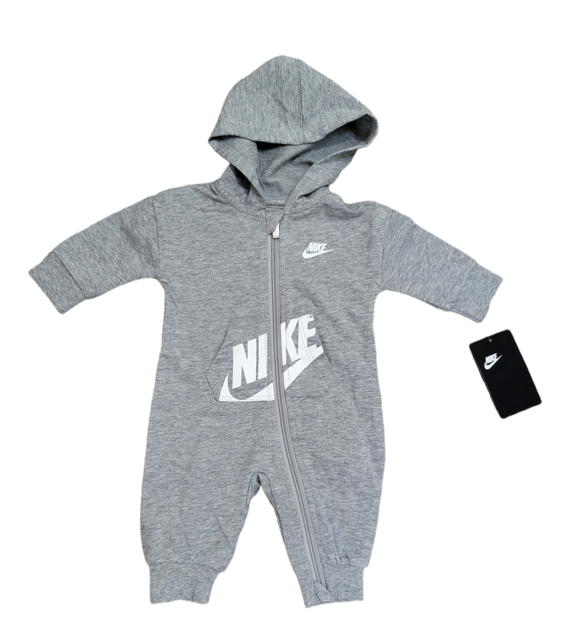אוברול NIKE קפוצ'ון אפור סימון לוגו בלבן בחזה כיס קנגורו מקדימה