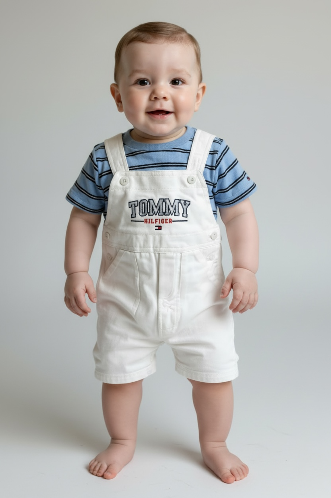 אוברול TOMMY HILFIGER לבן חולצת פסים תכלת
