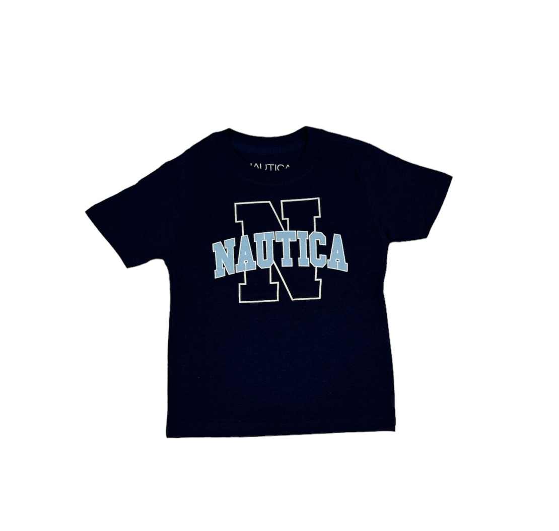חולצת Nautica כחולה כיתוב לוגו בתכלת