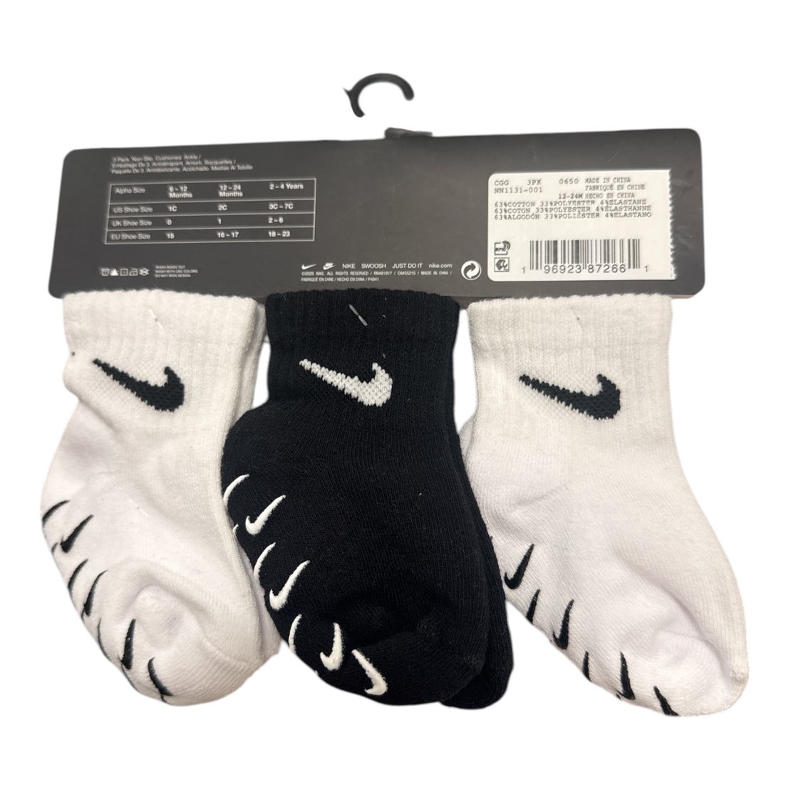 מארז 3 זוגות גרביים NIKE לבן שחור לבן מידה 12-24 חודשים