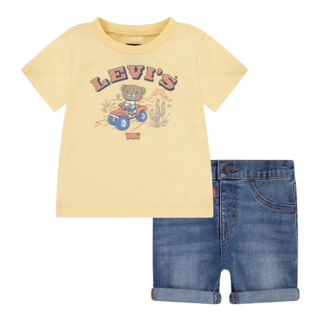 חליפת מכנס LEVI'S גינס צהוב בננה קצר הדפס דובי במכונית