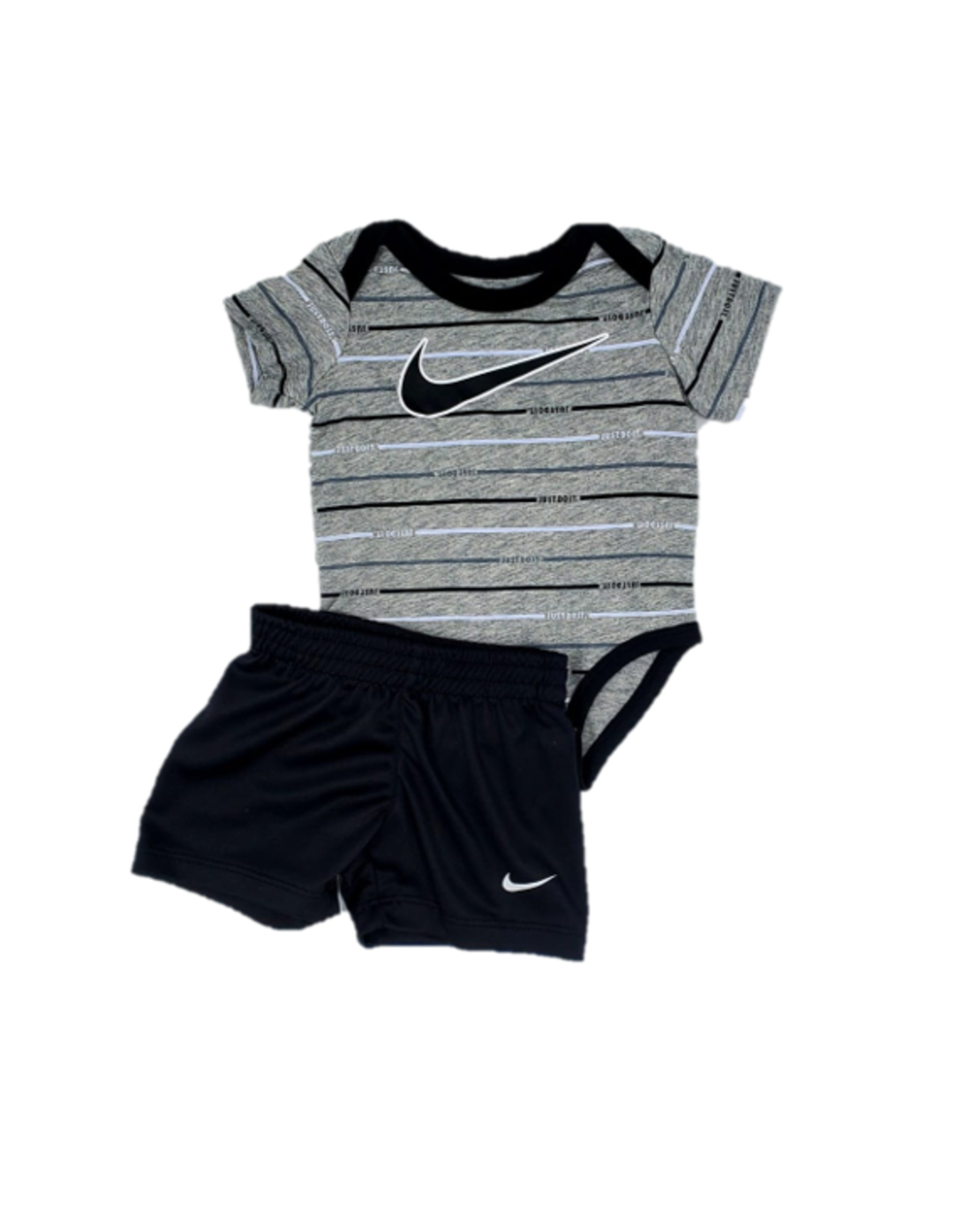 חליפת מכנס NIKE בייבי בגד גוף אפור פסים שחור לבן וי שחור במרכז