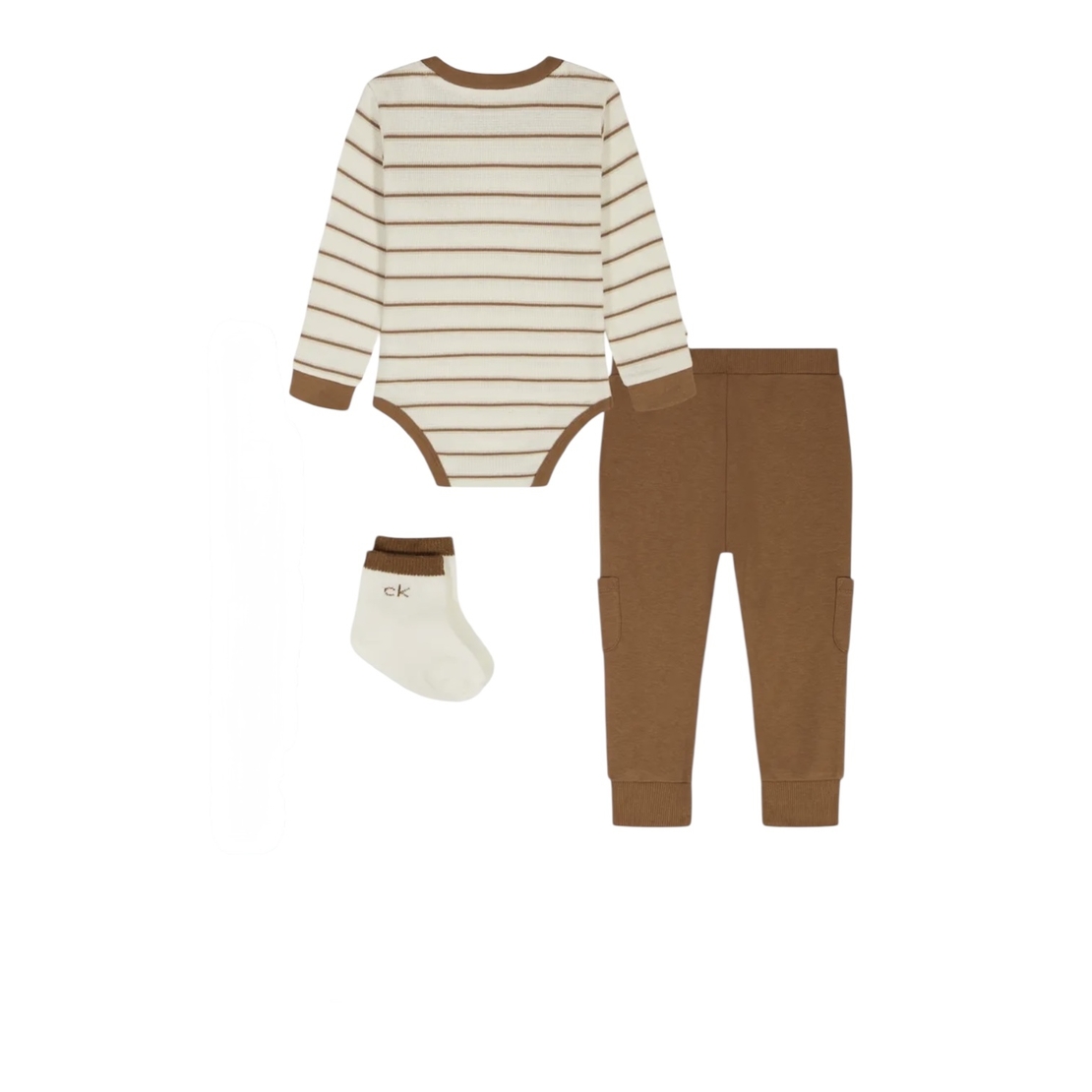 חליפת מכנס CALVIN KLEIN בגד גוף פסים קרם מכנס חום וגרביים תואמות