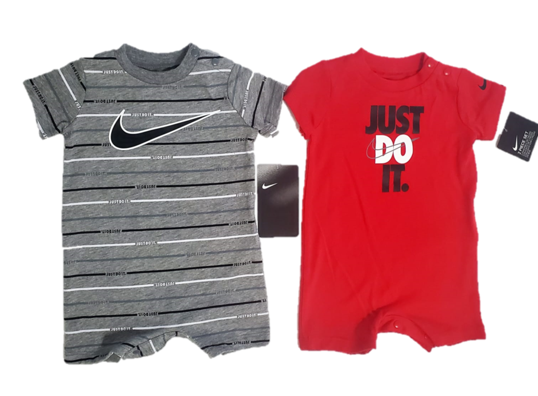 מארז זוג אוברול NIKE בייבי אדום אפור פסים כיתוב JUST DO IT