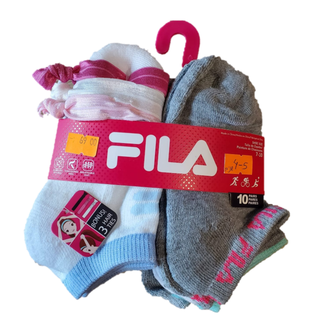 מארז 10 זוגות גרביים FILA לבן אפור טורקיז מידה 4-5 שנים 
