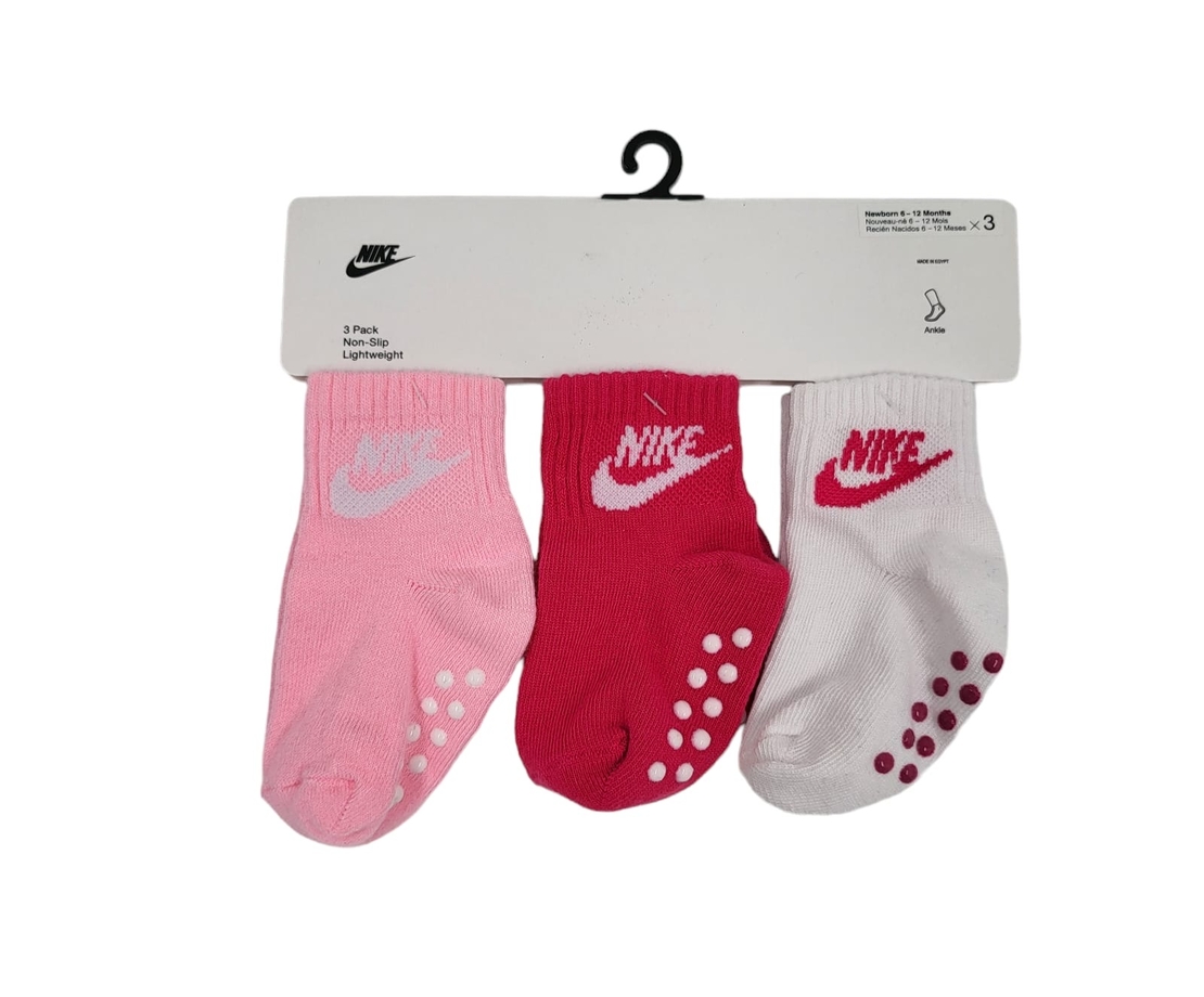 מארז 3 זוגות גרביים NIKE לבן ורוד פוקסיה ורוד בייבי מידה 6-12 חודשים