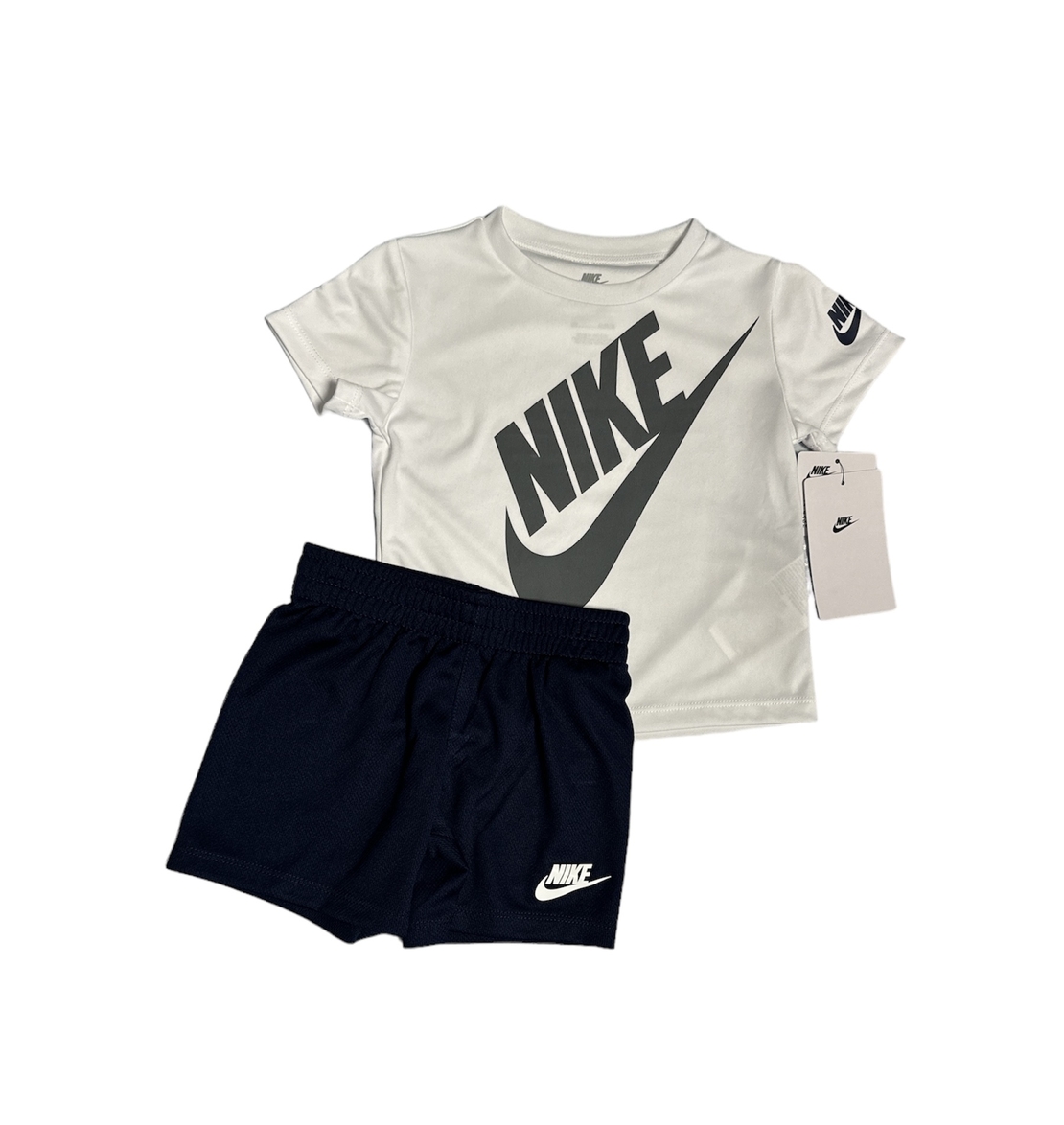 חליפת מכנס NIKE דרייפיט בייבי לבן כחול כיתוב לוגו באלכסון באפור