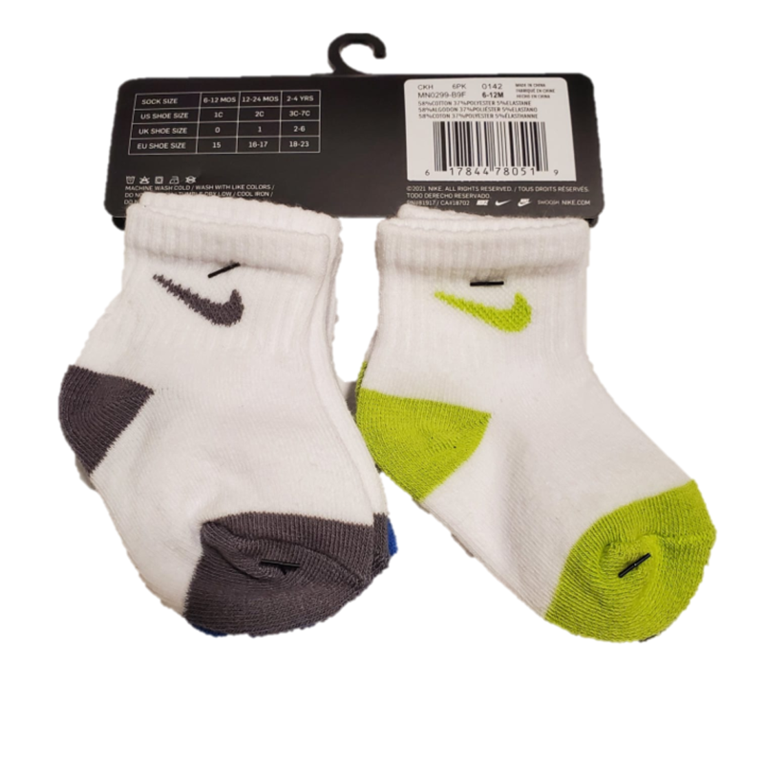מארז 6 זוגות גרביים nike לבן וי בצבעוני מידה 12-24 חודשים