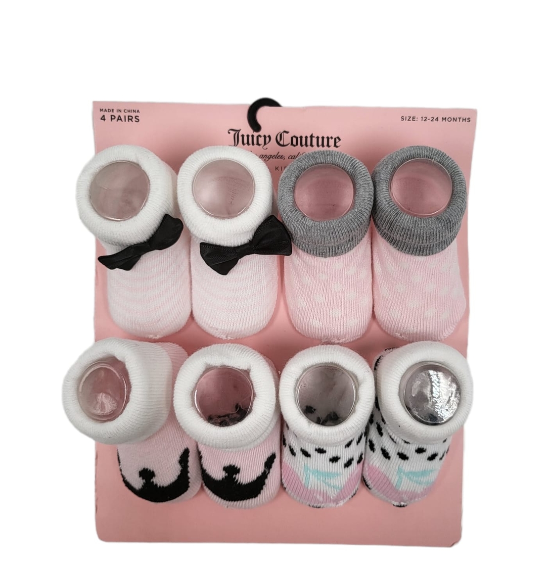 מארז 4 זוגות גרביים JUICY COUTURE מידה 12-24 חודשים ורוד לבן