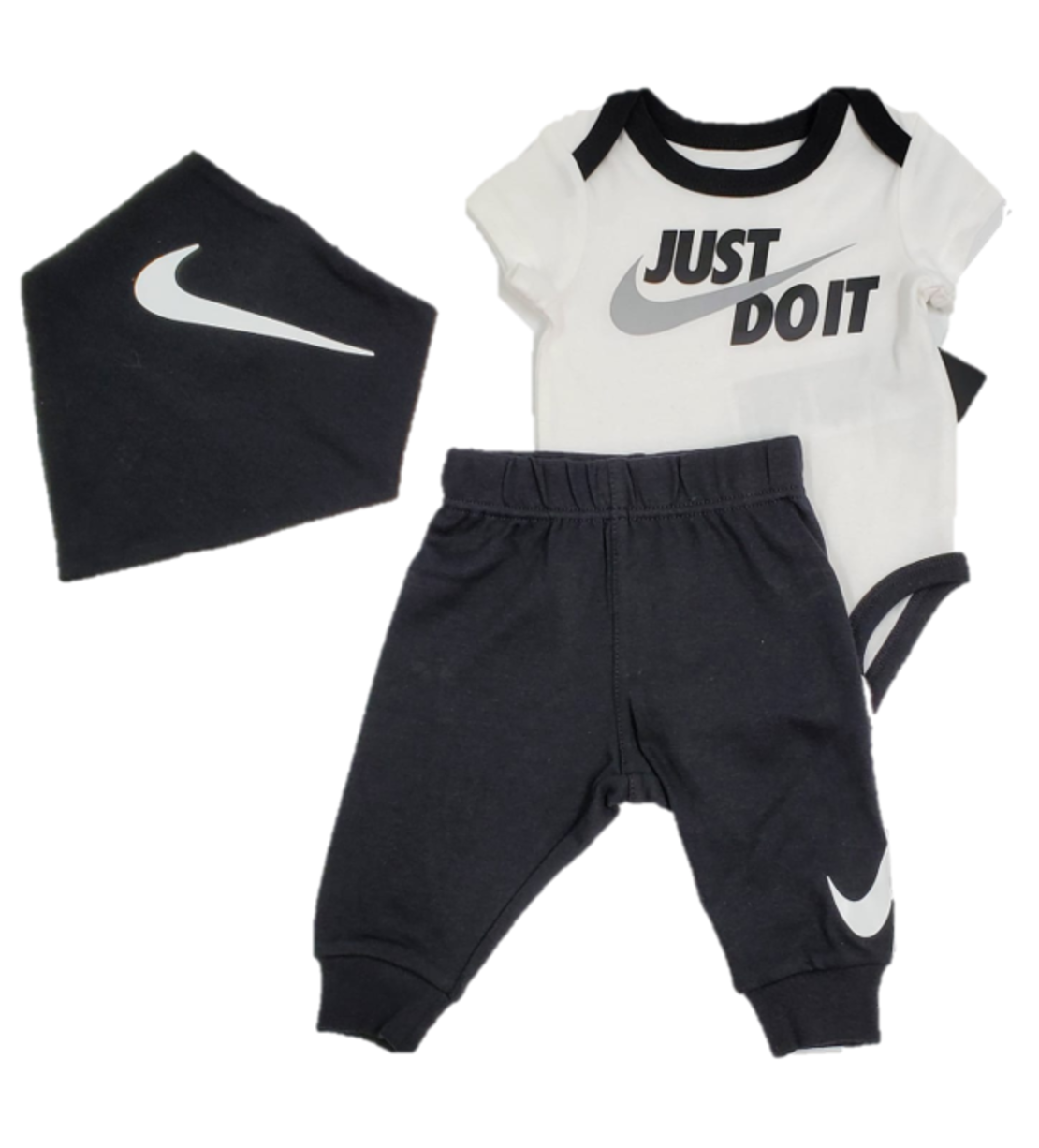 חליפת מכנס NIKE בייבי מכנס שחור בגד גוף לבן סינר שחור