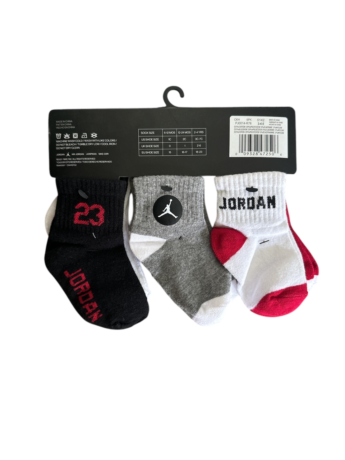 מארז 6 זוגות גרביים JORDAN לבן אפור אדום שחור  מידה 2-4 שנים
