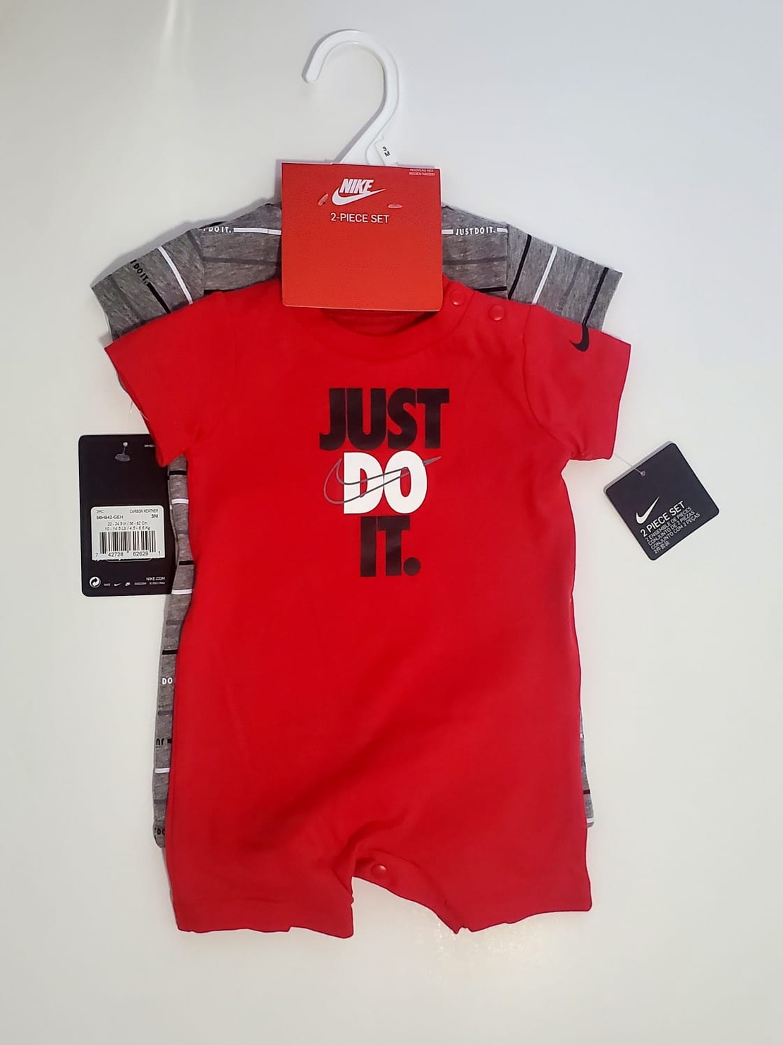 מארז זוג אוברול NIKE בייבי אדום אפור פסים כיתוב JUST DO IT
