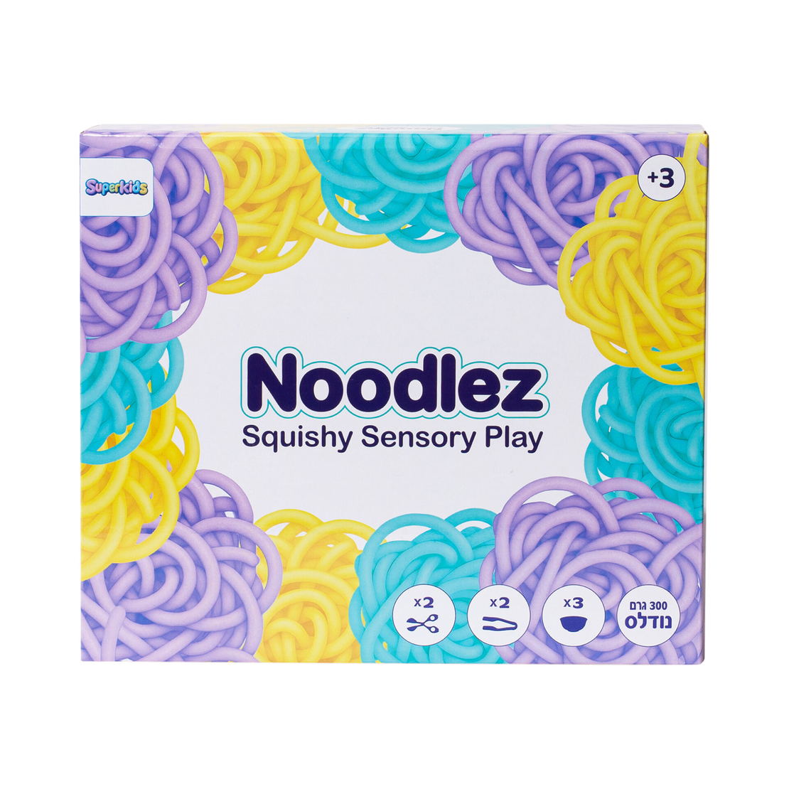 Noodlez – משחק סנסורי נודלס – מארז 300 גרם – 3 צבעים + כלים וקעריות מיון