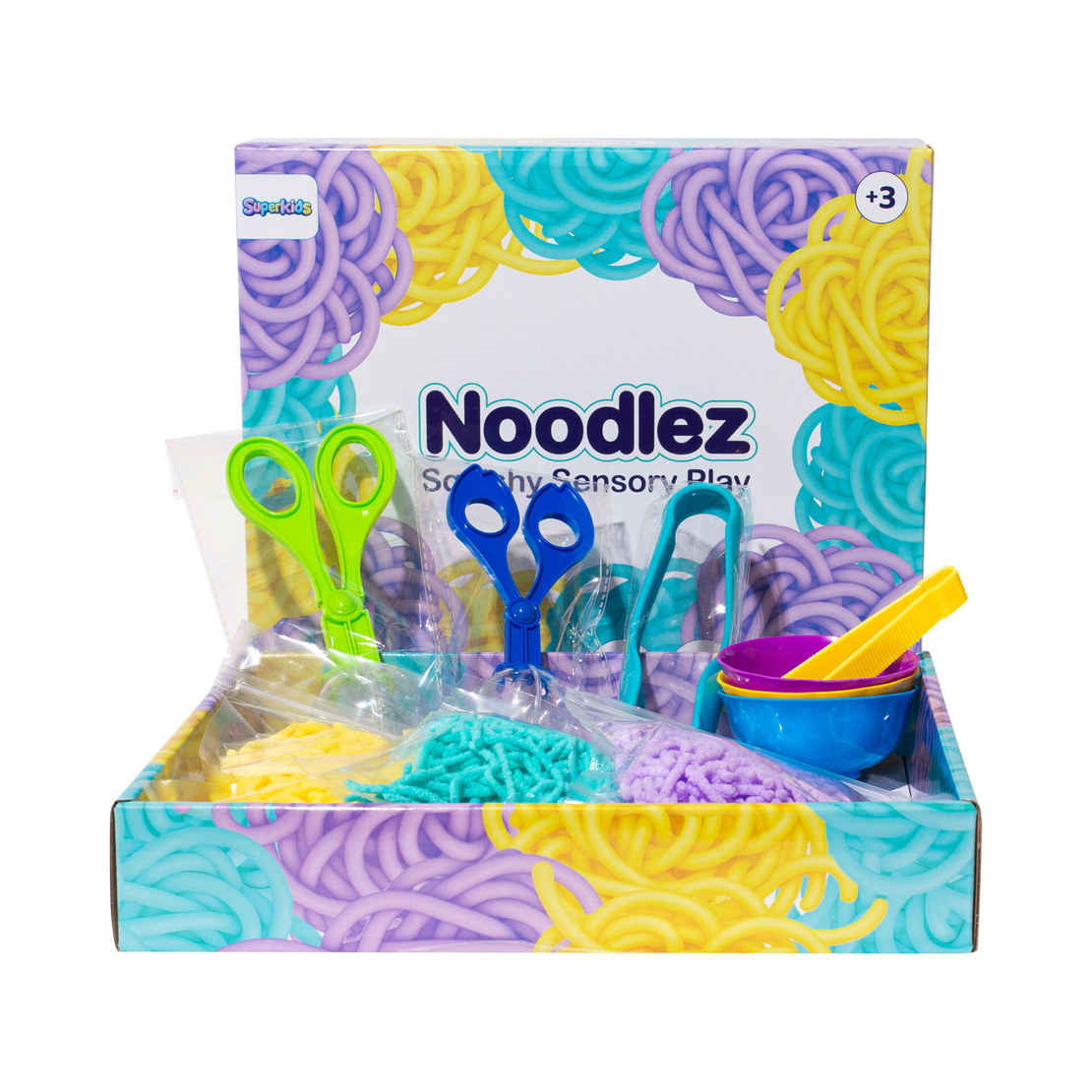 Noodlez – משחק סנסורי נודלס – מארז 300 גרם – 3 צבעים + כלים וקעריות מיון