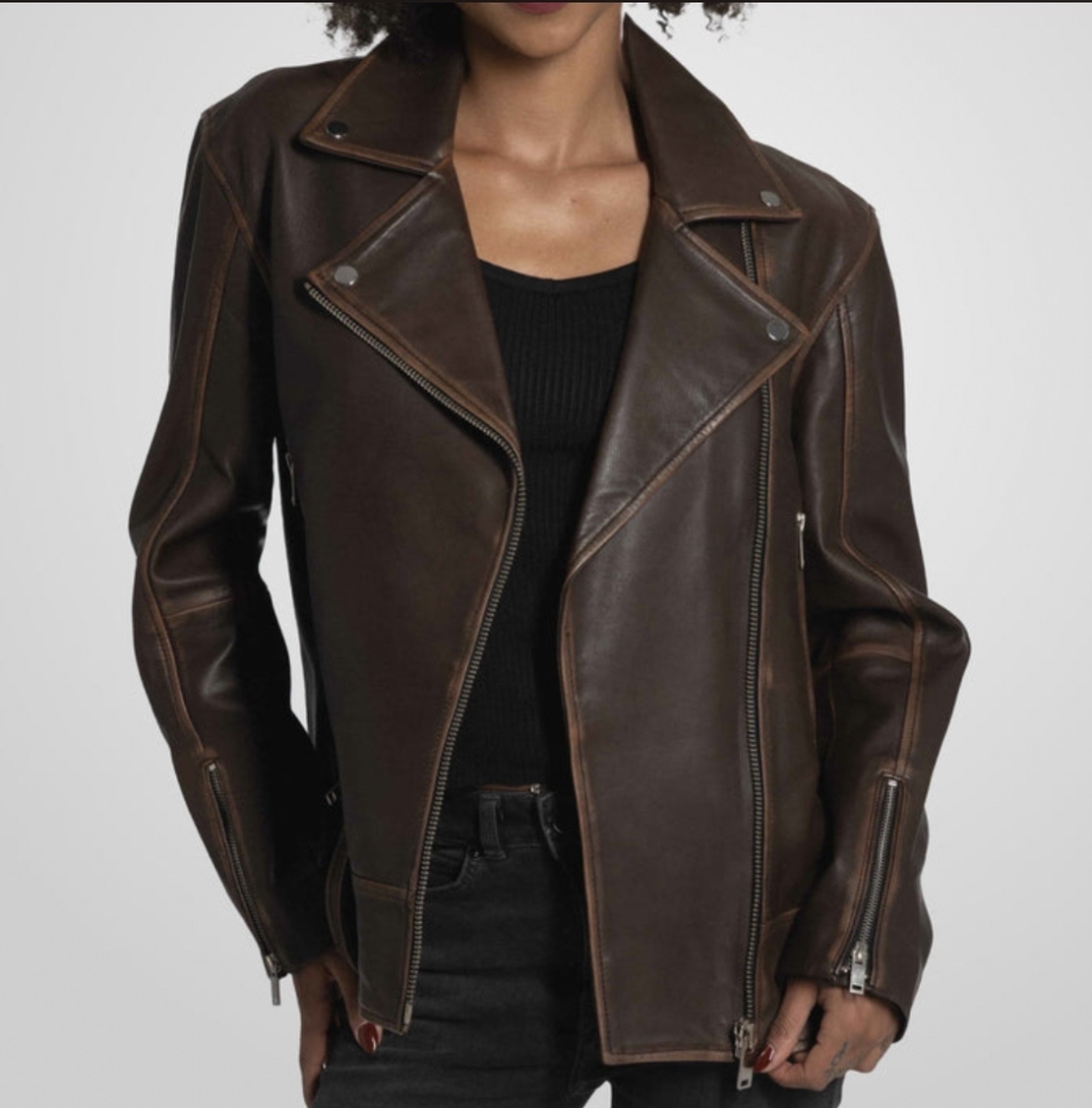 מעיל עור משומן רוכסנים- חום