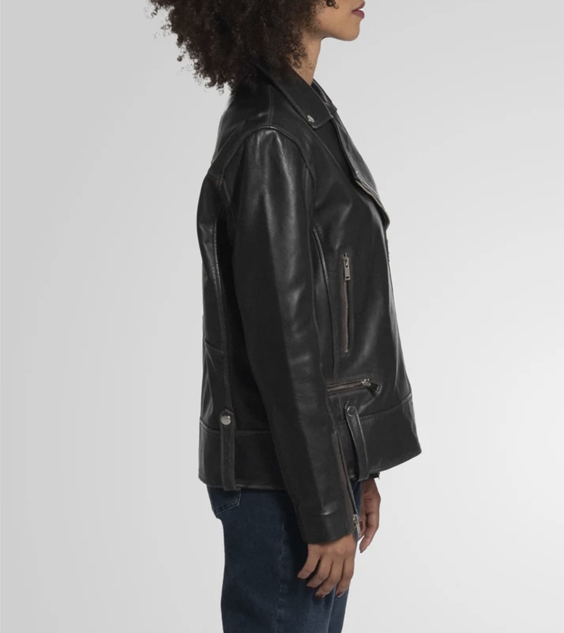 מעיל עור משומן רוכסנים- שחור