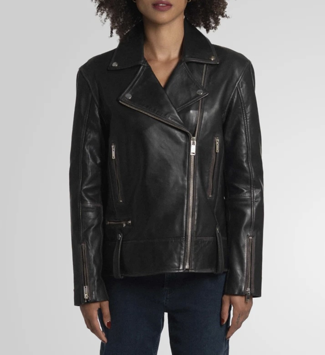 מעיל עור משומן רוכסנים- שחור