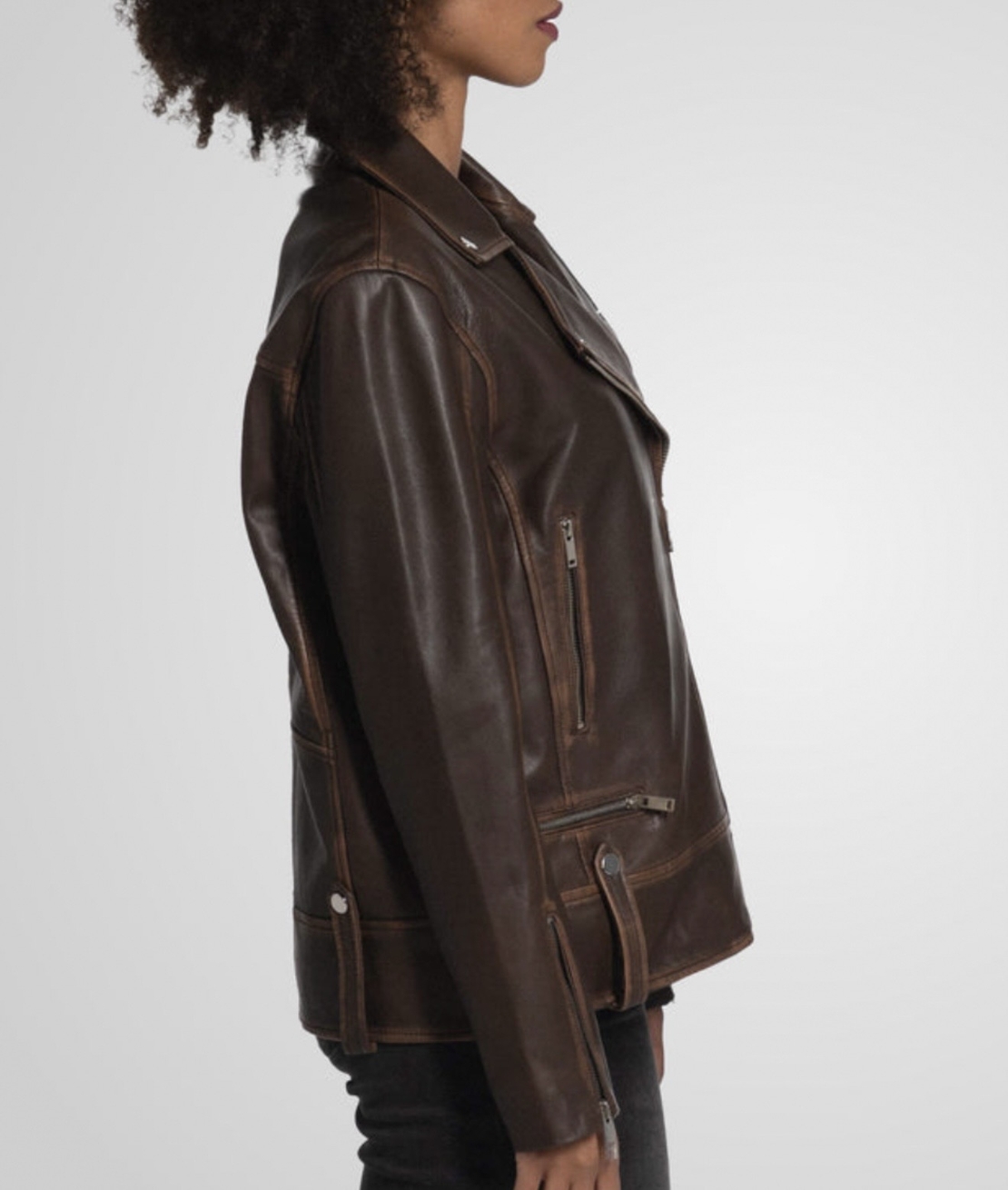 מעיל עור משומן רוכסנים- חום