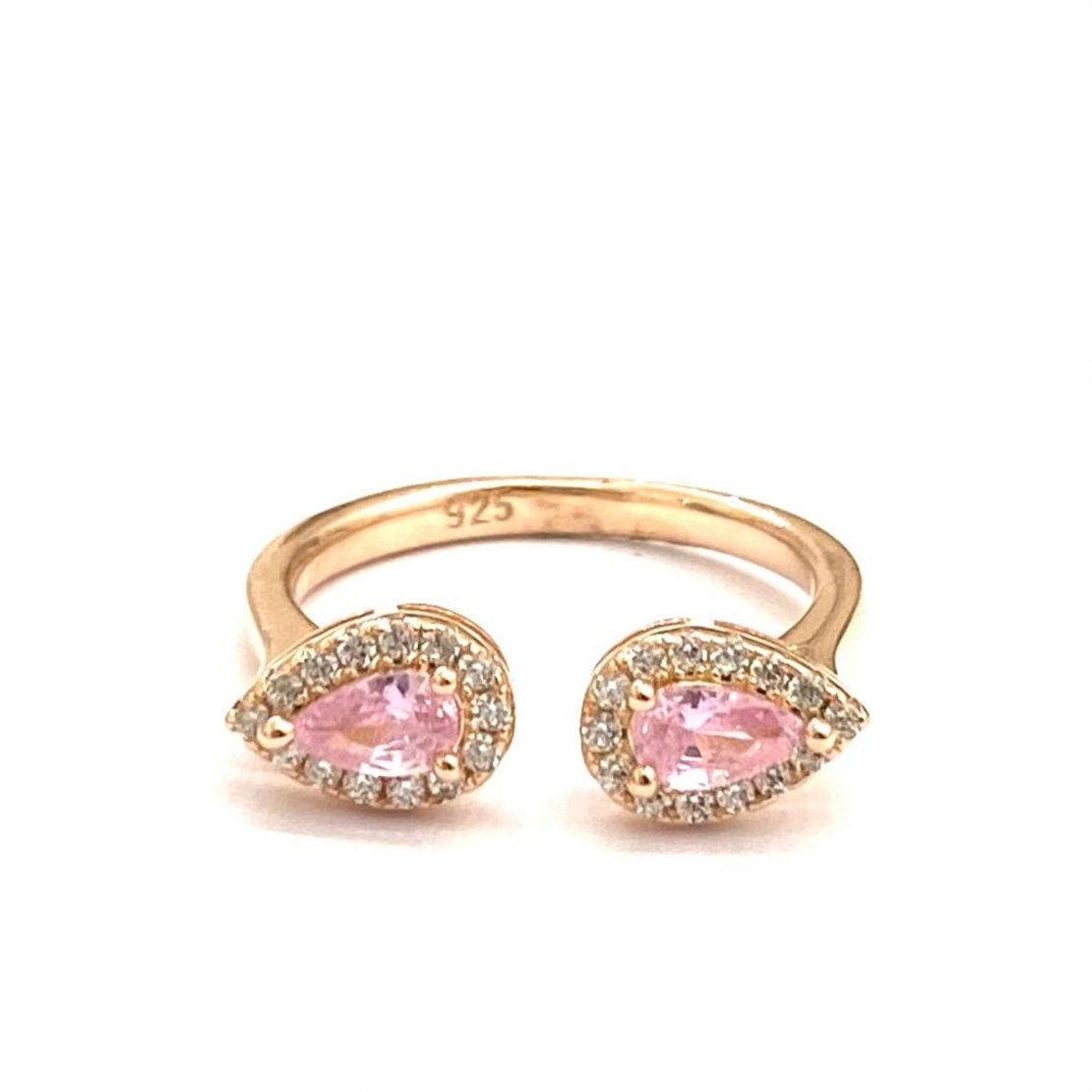 טבעת כסף 925 בציפוי רוז גולד - 2 אבנים ורודות